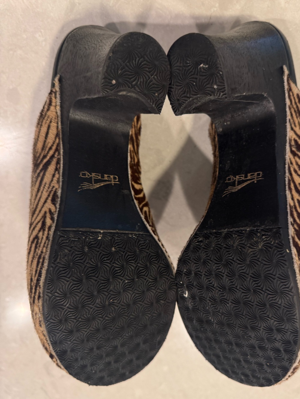 Dansko Rae Calf Hair Heeled Mules Brown and Cream Zebra-Print Clogs - Picture 7 of 8